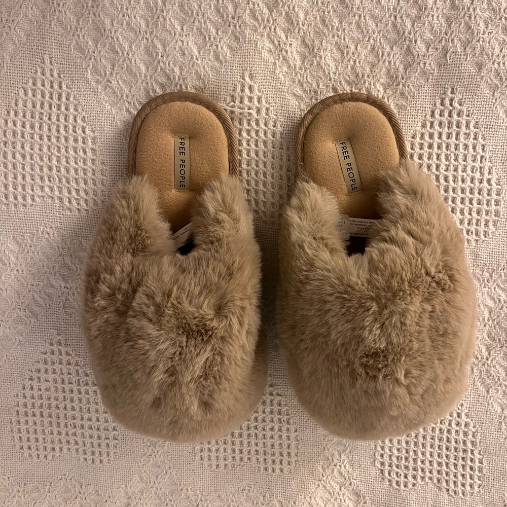 Free People Fuzzy Brown Kids Slippers